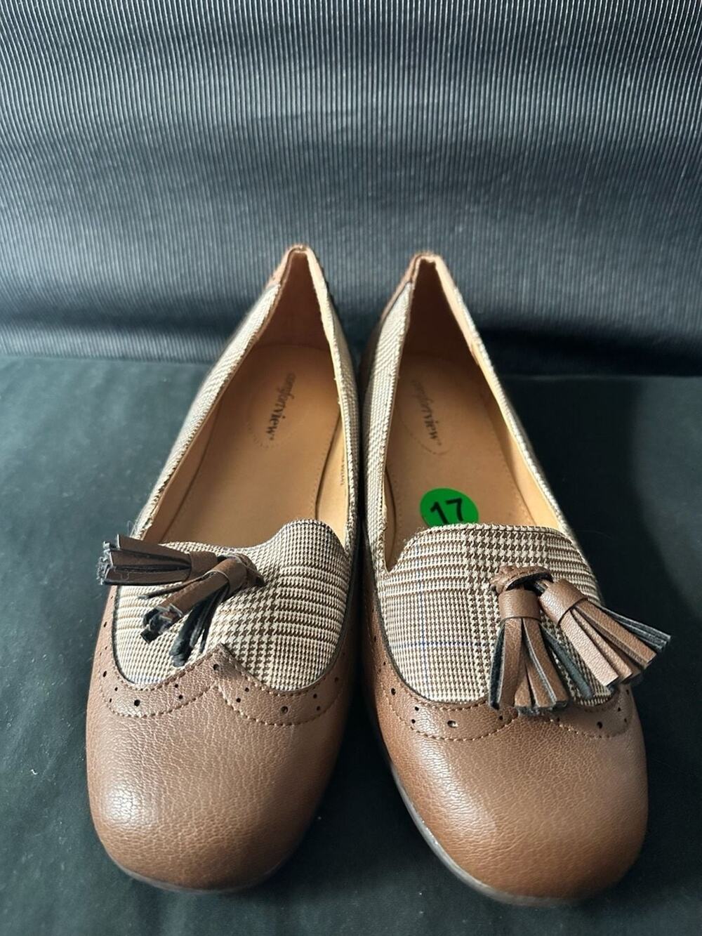 No.17 Comfortview Aster 44634 Brown Herringbone Tassel Flat Loafer Shoes Size 8W